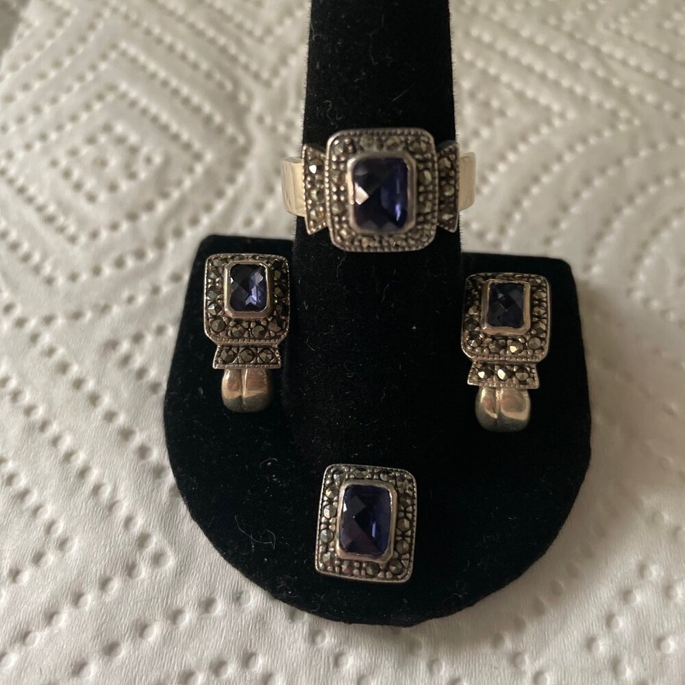 Sterling Silver Amethyst Marcasite Ring, Earrings, Pendant Set